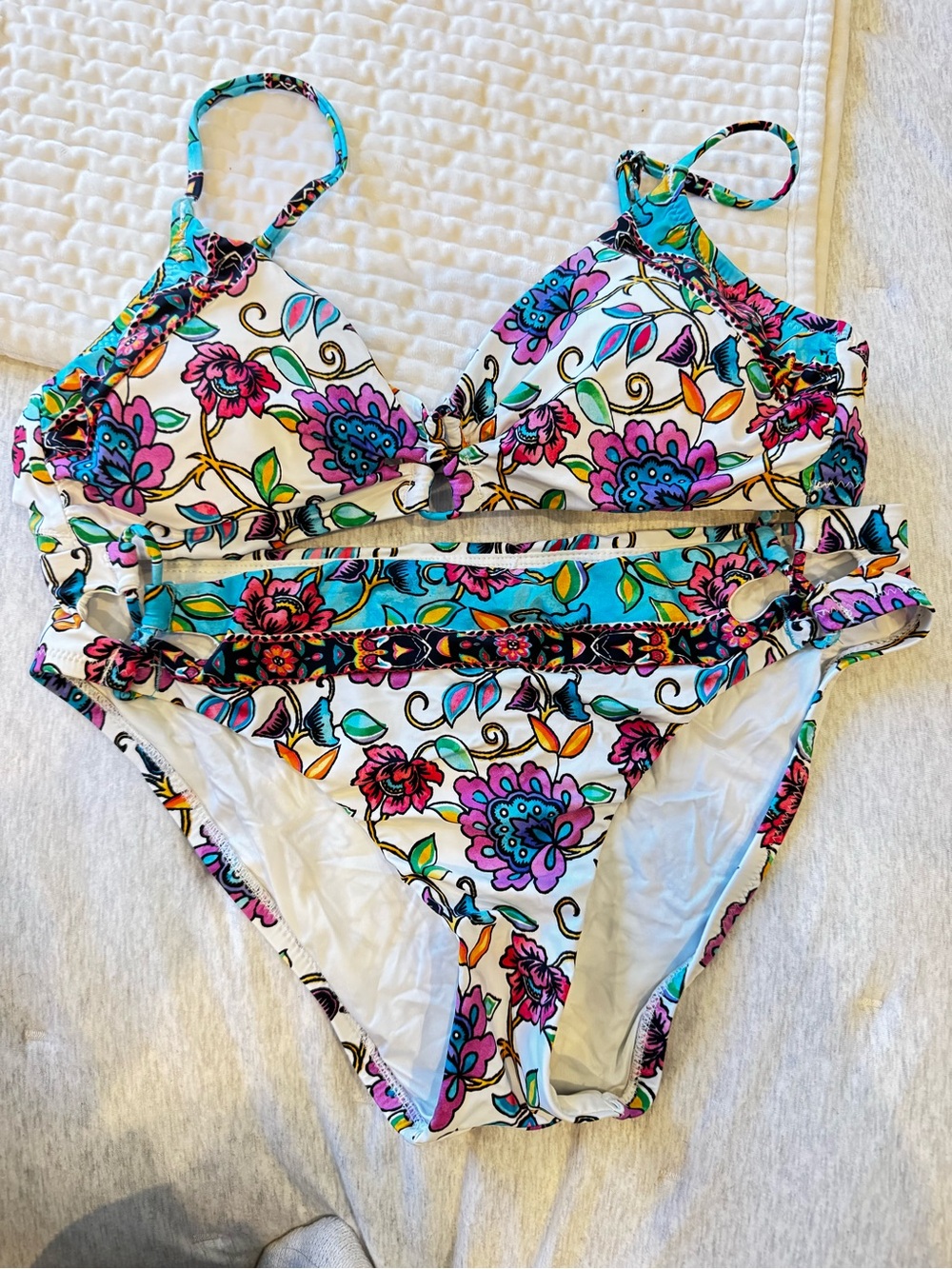 Floral High-Waist Bikini Set - White with Multicolor Flowers Namette Lepore M